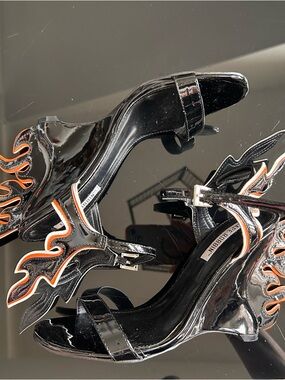 Black Patent Flame-Detail Ankle Strap Heels